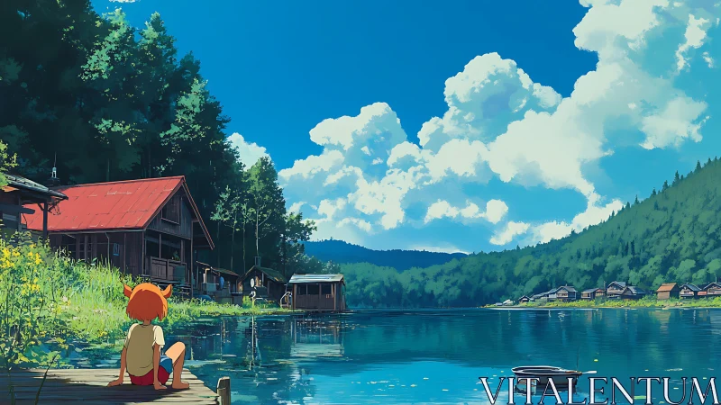 Child on lakeside dock with cabins under bright blue sky.