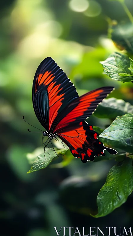 Gentle red butterfly pauses on lush green garden leaves