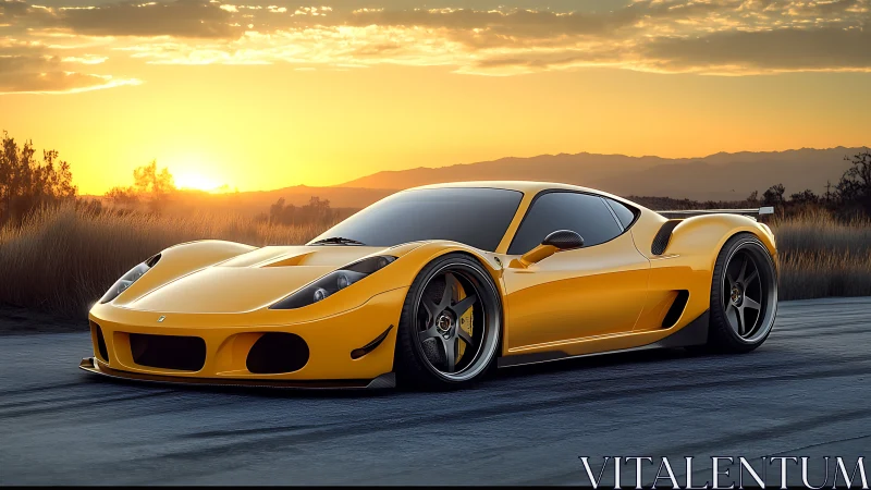Golden supercar prowls the sunset highway in molten light.