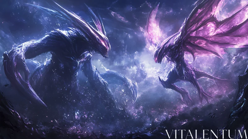 Colossal alien creatures clash in a glowing cosmic storm.
