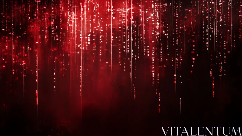 Red digital data rain over dark cyber grid background.