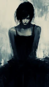 Melancholic woman in monochrome brushwork portrait study.