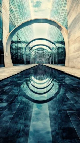 Symmetrical office arches reflect in narrow central water canal