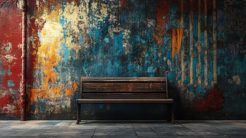 Lonely wooden bench listens quietly to the wall’s loud colors