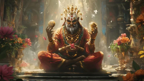Mythic sage meditating with luminous orbs in ornate temple