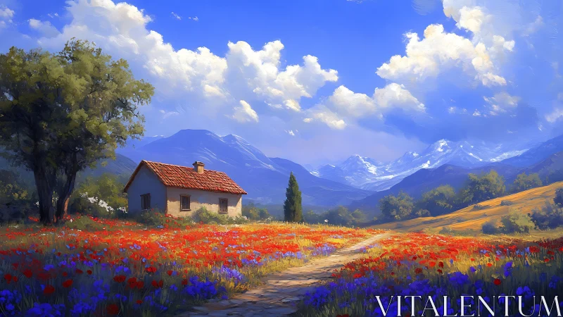 Wildflower refuge under storybook mountains and dreaming sky.