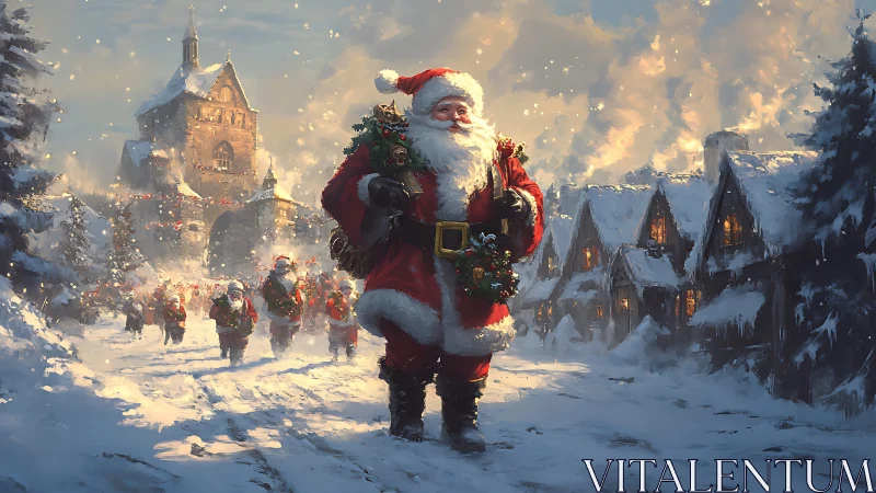 Snowlit Santa procession crossing a glowing storybook village.