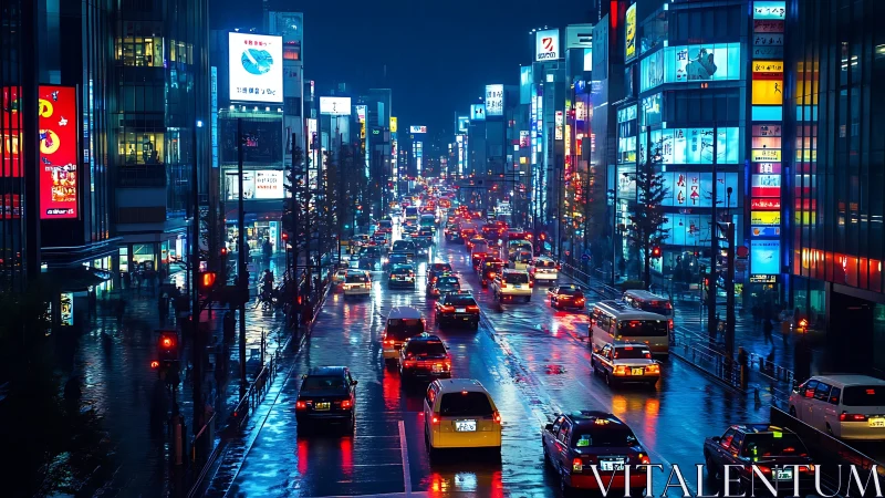 Neon rainstorm traffic river through electric midnight city.