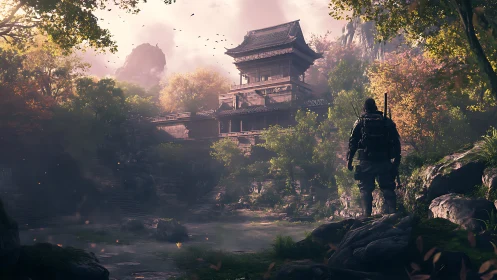 Lone wanderer approaches misty temple in autumn forest valley