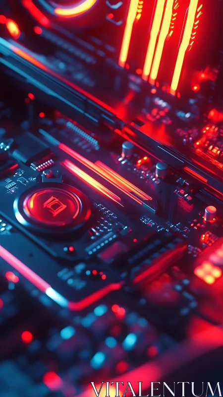 RGB-illuminated gaming motherboard with DDR slots in neon bokeh