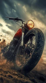 Motorcycle front wheel digs into dirt under dramatic cloudy sky