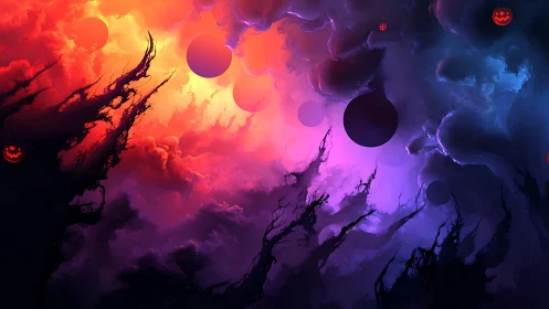 Halloween nebula spheres in blazing dual-color stormscape.