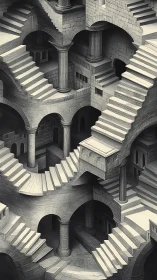 Monochrome recursive staircase labyrinth with classical arches