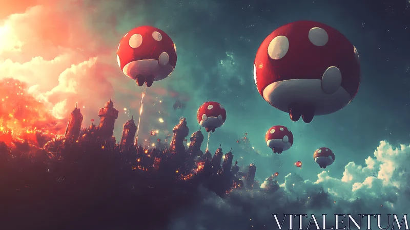 Mushroom airships drift above burning sky citadel at dusk.