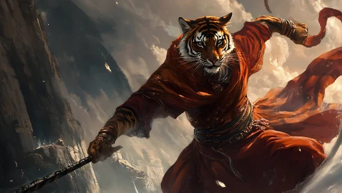 Tiger warrior in flowing crimson robes leaps through battle sky