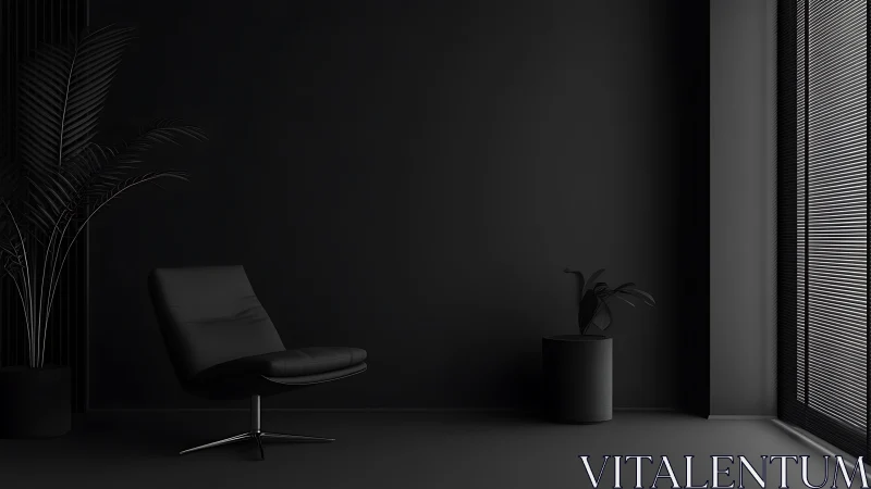 Minimal black lounge interior with chair and plants.