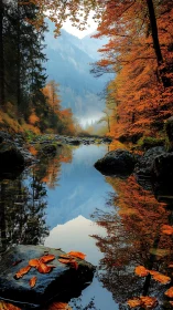 Mountain river mirror under vivid autumn forest canopy.