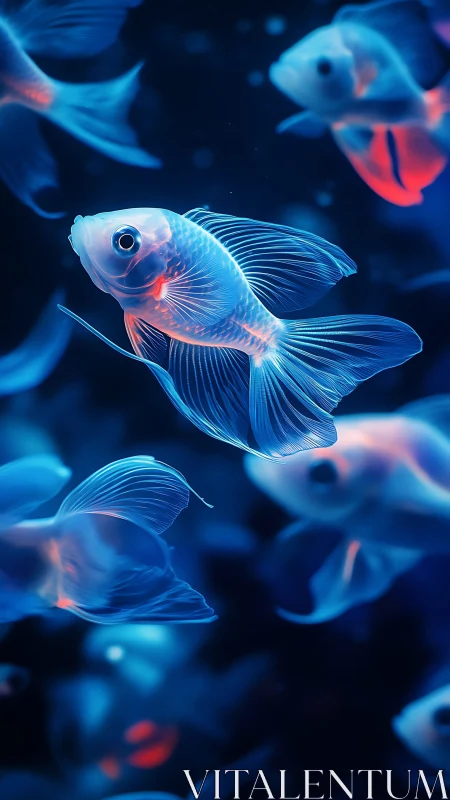 Neon-glow goldfish drifting through midnight sapphire water.