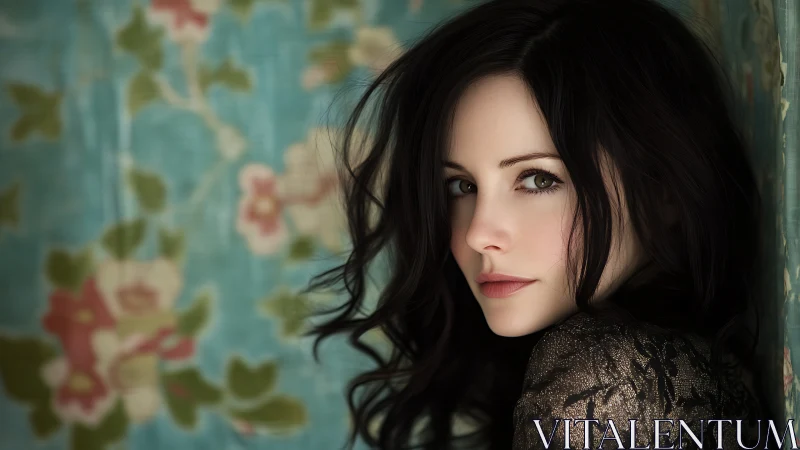 Soft-lit brunette portrait against floral teal backdrop.