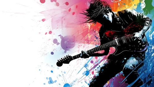 Chromatic vector guitarist in dynamic splatter motion field.