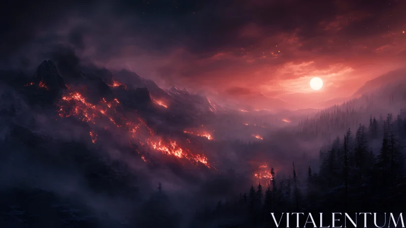 Mountain Wildfire at Dusk. Inferno Consumes Forest Slope.