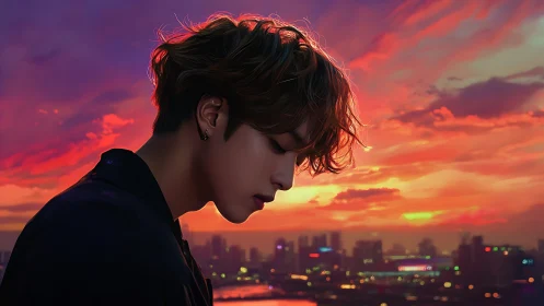 Side-profile portrait against chromatic urban sunset sky.