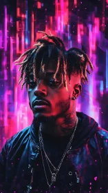 Neon cyberpunk portrait with vivid magenta light trails.