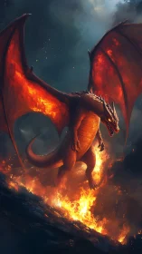Fire dragon over volcanic chasm in stormlit night sky.