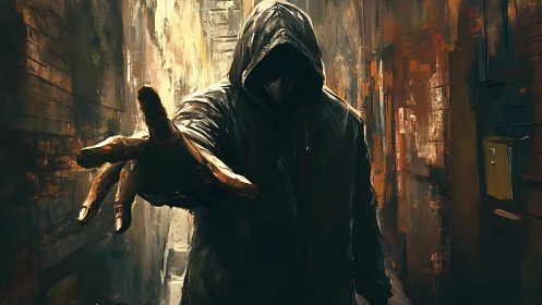 Hooded figure extends gloved hand in narrow, painterly alleyway