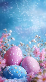 Pastel Easter eggs rest in floral nest under bokeh sky.