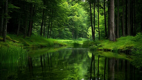 Serene forest stream flows through lush woodland canopy.