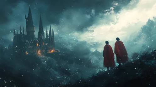 Two cloaked figures behold a glowing castle in misty night.
