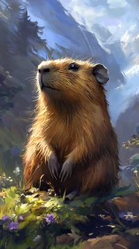 Sunlit marmot daydreaming in a bright alpine meadow.