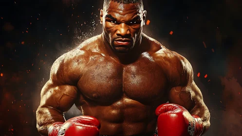 Professional boxer displaying musculature with dramatic studio lighting and particle effects.