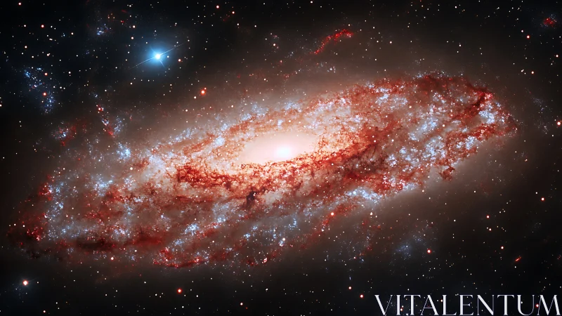 Spiral galaxy with bright core and dusty red star clouds.