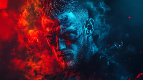 Warrior portrait split by neon fire and ice lighting clash.