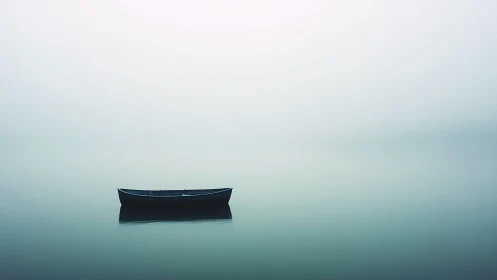 Solitary rowboat on still water under pale foggy sky.