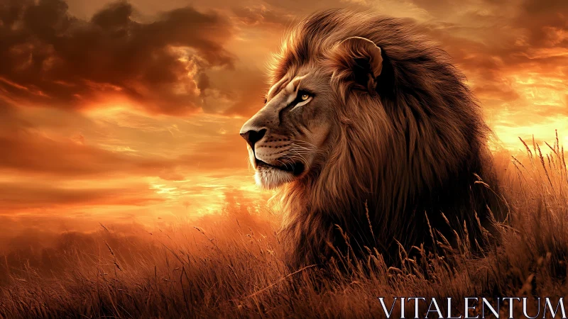 Majestic lion gazes across a blazing savanna sunset.