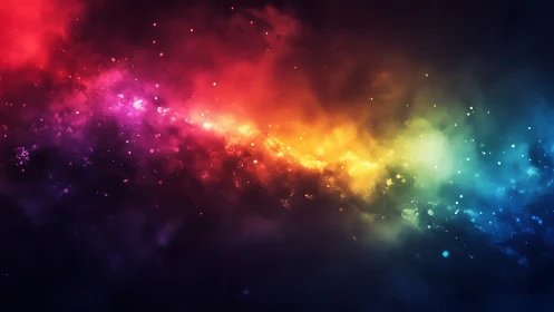 Vibrant diagonal rainbow nebula across dark space field.