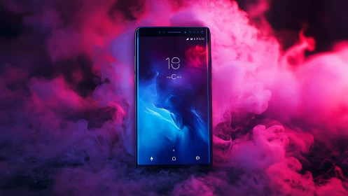 Smartphone displaying digital interface with cloud effect composition