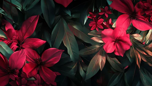 Red flowers with dark green foliage rendered in three-dimensional digital composition
