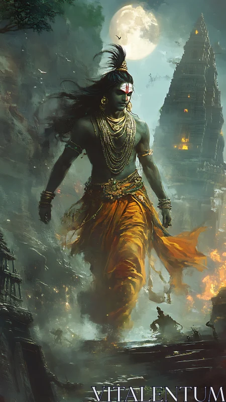 Moonlit titan strides through temple storms of myth and fire
