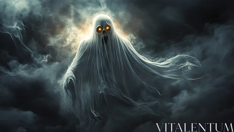 Spectral wraith emerging from storm-wracked shadow clouds.