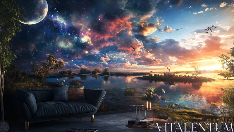 Twilight lagoon pours into living room under cosmic skies.
