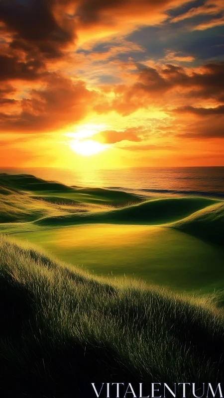 Sunset fire crowns rolling seaside golf greens in gold.