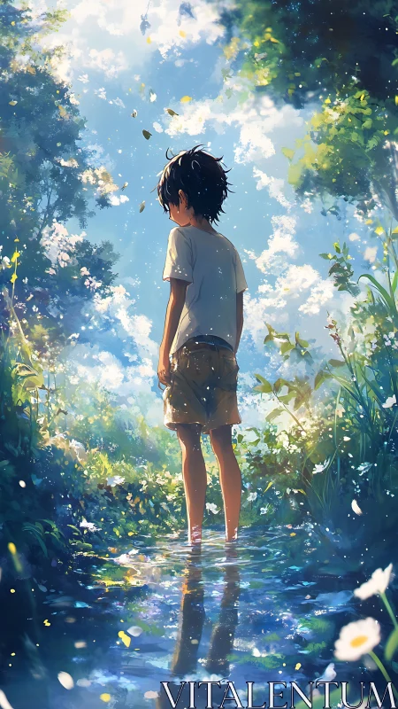 Summer daydream by a quiet forest stream, sunlight whispering.