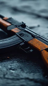 Rifle lies on wet ground with focus on receiver and wood