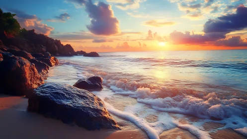 Sunlit waves wash rocky tropical shore under vivid sunset