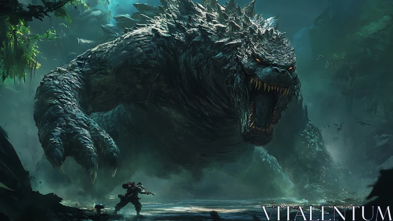 Colossal reptilian titan roaring over lone armored soldier.