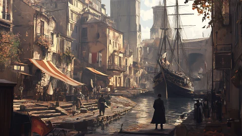 Sunlit harbor market buzzing beside a tall-masted ship.